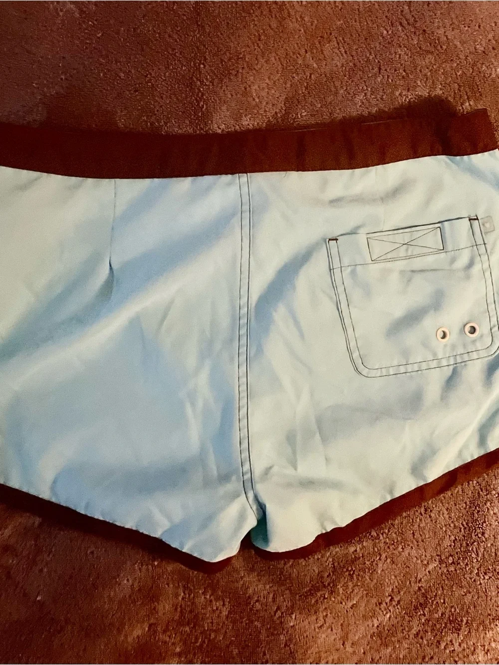 Aqua & brown women’s ( junior) Swim Trunks with white trim.